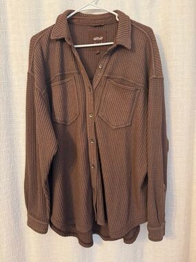 aerie Brown Waffle-Knit Button-Up Shirt Jacket